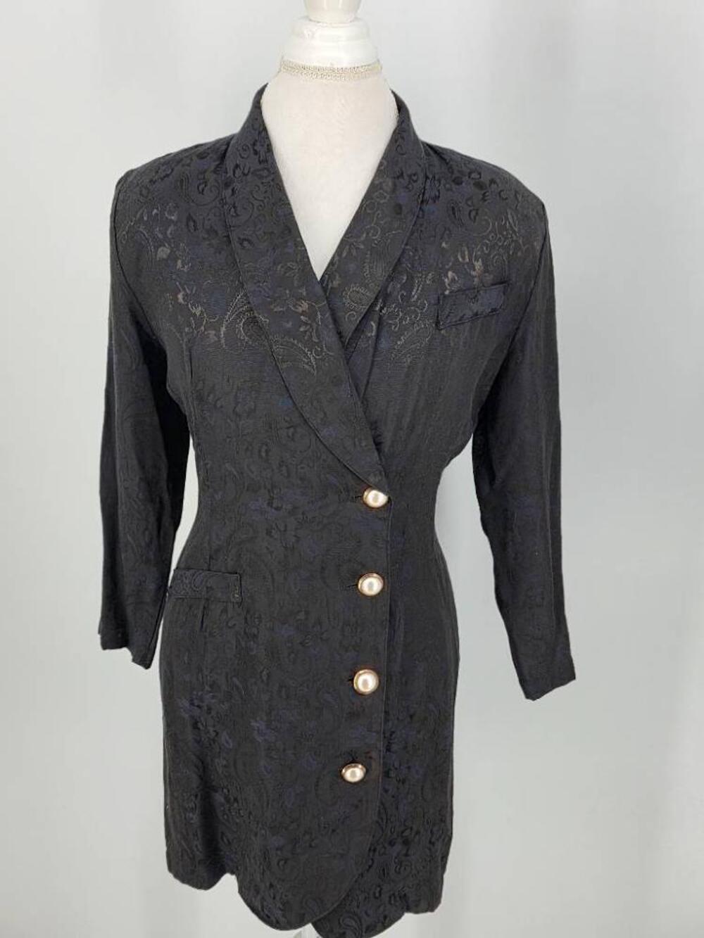 True Vintage 1980's Rampage Black Paisley Jacquard 80's Power Dress - S/M